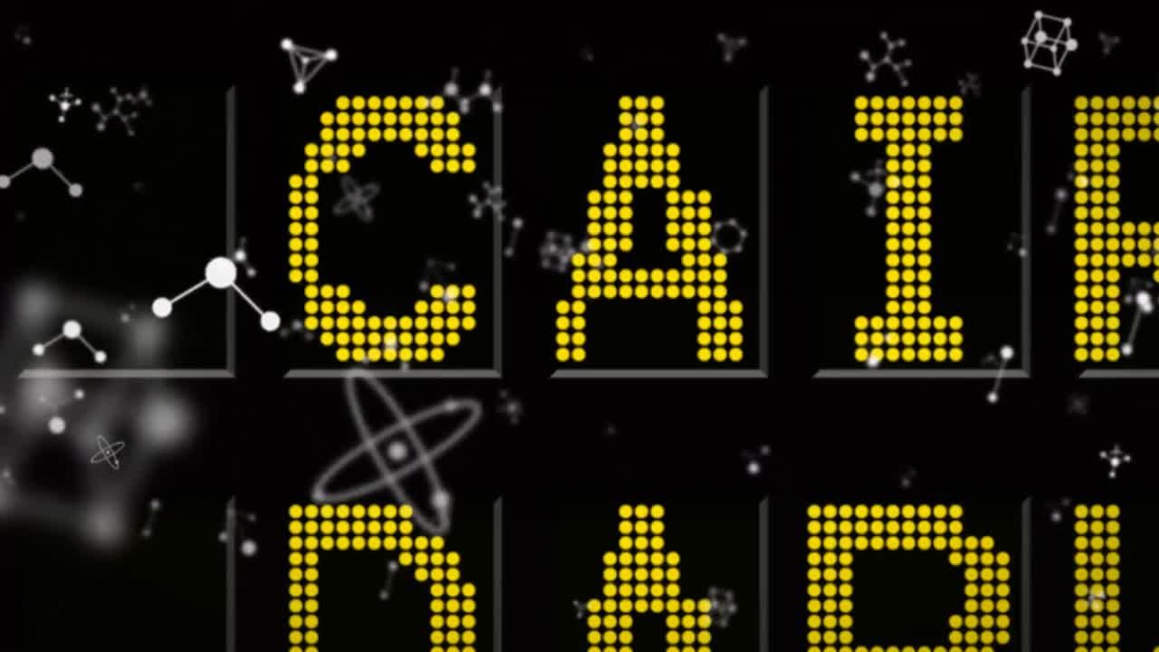 Digital animation of molecular structures floating against airport information board