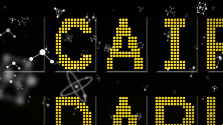 Digital animation of molecular structures floating against airport information board