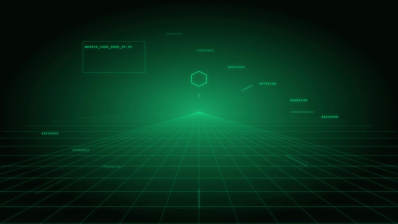 Digital Grid Background with Floating Data and Hexagon Symbol