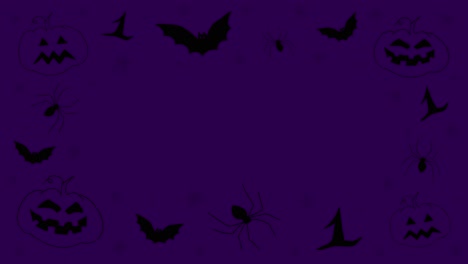 black halloween hand drawn doodles stop motion animation, with pumpkins, spiders and bats, on a purple background