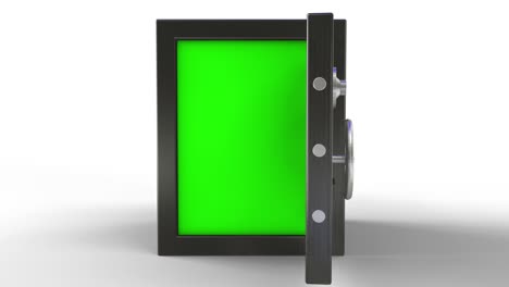 3d animation of opening a metal safe bank box with camera going toward with green screen