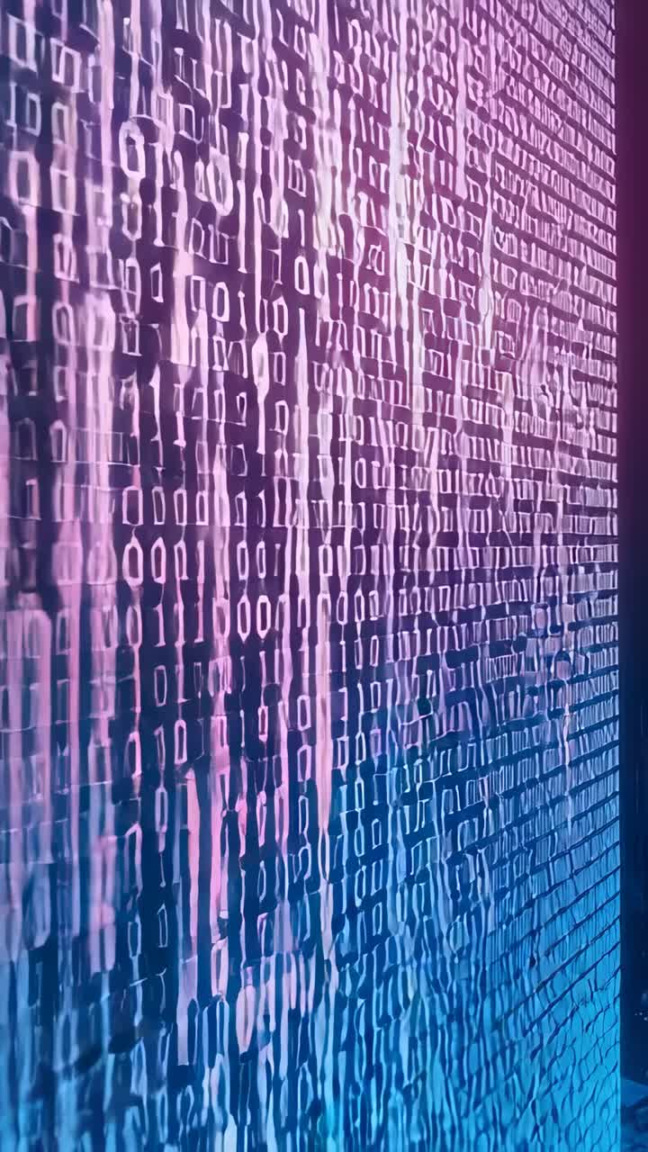 Vertical video: Sliding camera revealing LED panel at expo, making binary grid clearer for viewers