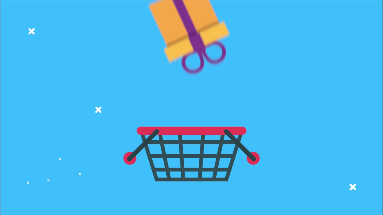 바구니와 선물과 함께 쇼핑 시장 애니메이션