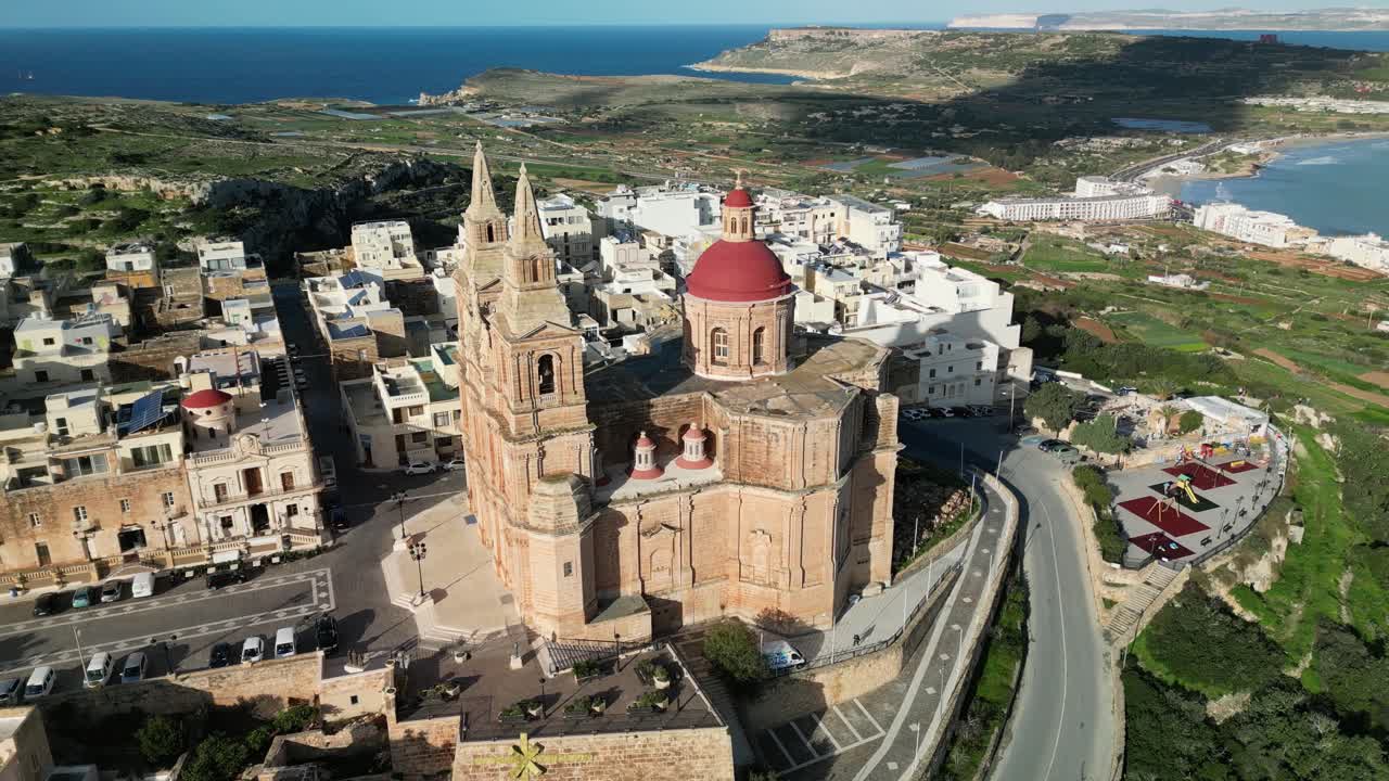 Drone Video Panning Around the Parish Church of Mellieha in Malta