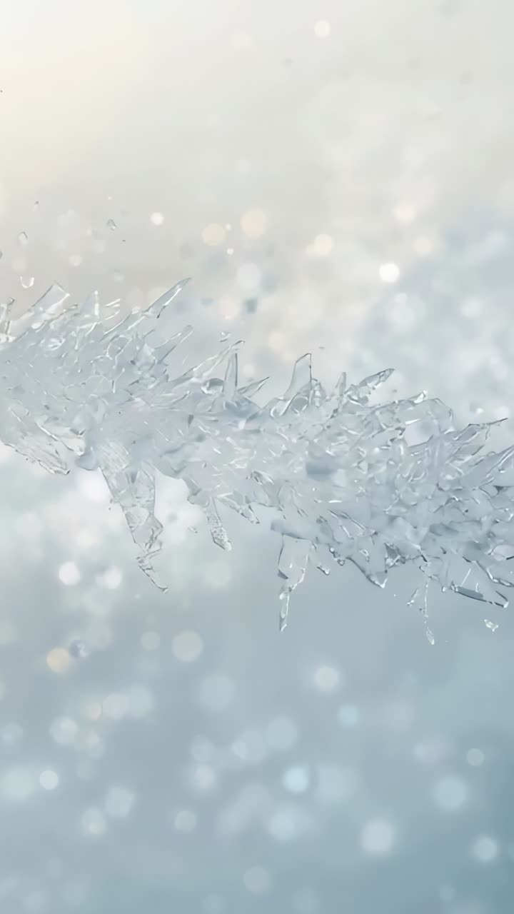 Video verticale: ripresa orizzontale con spostamento della fotocamera di una cresta di ghiaccio che entra nel campo visivo in macro, frammenti alla deriva
