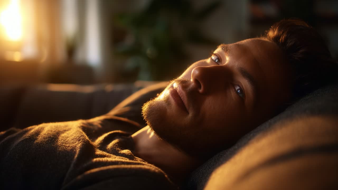 Et fredfyldt øjeblik er fanget, hvor en ung mand læner sig tilbage i en sofa og kigger eftertænksomt ud i det fjerne, oplyst af varmt, blødt lys fra et nærliggende vindue.