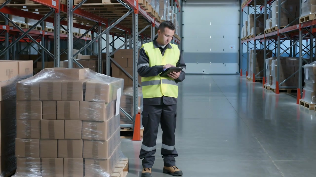 Impiegato di magazzino con giubbotto di sicurezza che tocca un tablet e ispeziona gli scaffali accanto a un pallet imballato.