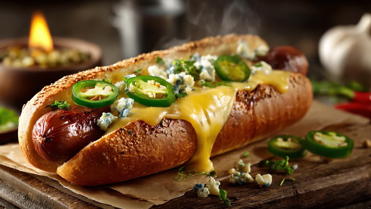 Heerlijke gourmet hotdog, getopt met gesmolten kaas, verse jalapeño's en verkruimelde blauwe kaas, perfect gegrild met een geroosterd broodje.