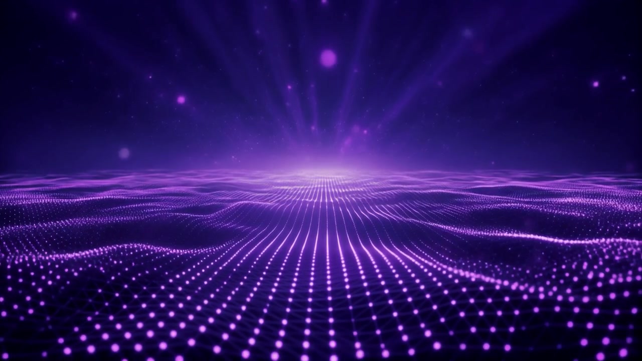 Abstract Purple Digital Wave Background with Glowing Particles