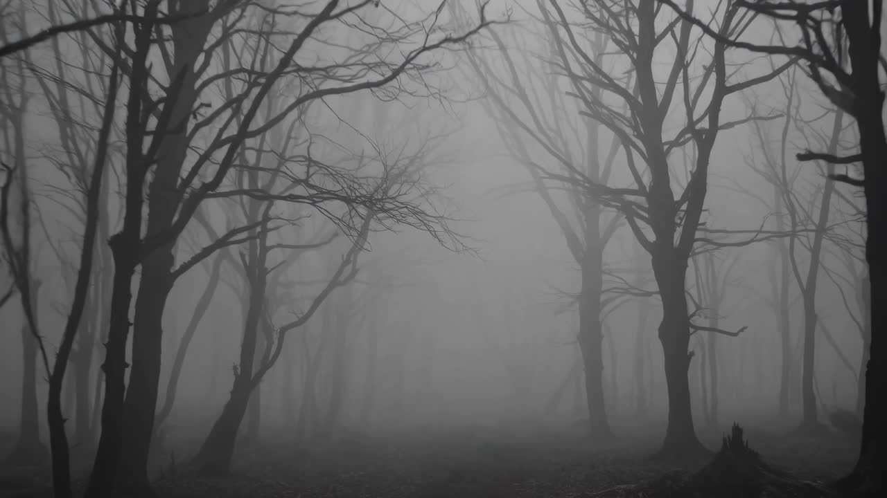Eerie forest scene with leafless trees in dense fog, captured at eye level
