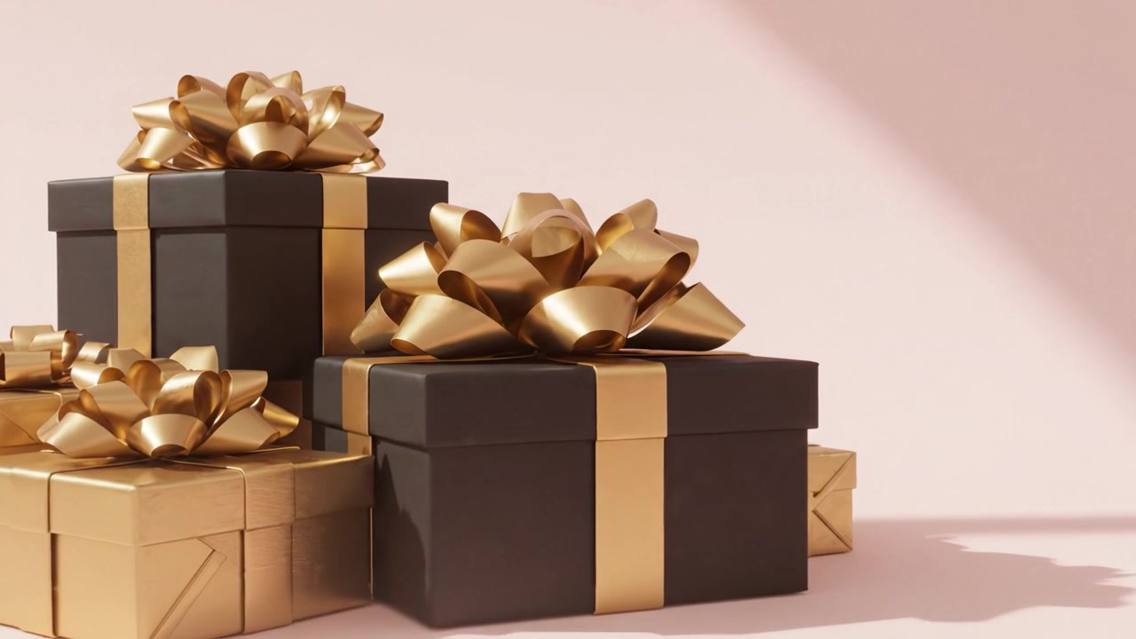Eleganti scatole regalo nere e oro con fiocchi festivi, splendidamente disposte per celebrare occasioni speciali, aggiungendo raffinatezza e fascino a qualsiasi evento o riunione