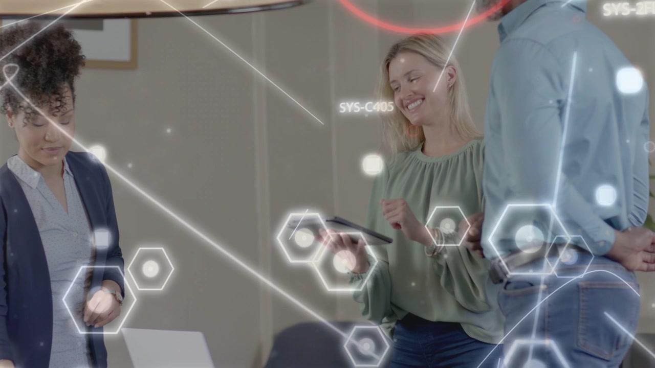 Business team meeting at tablet in office passing to coworker and reviewing data with AR hexagons