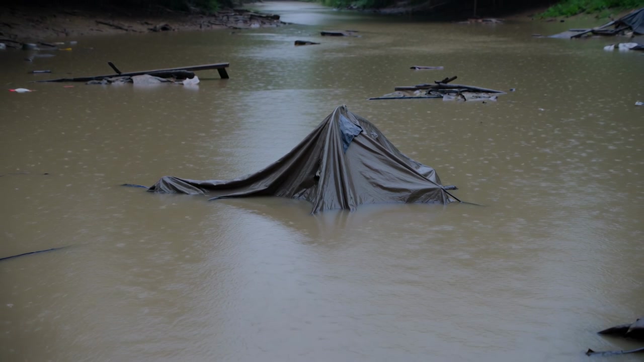 Pulling back camera revealing flooded creek at wooded banks, rain moving tarp, planks, debris