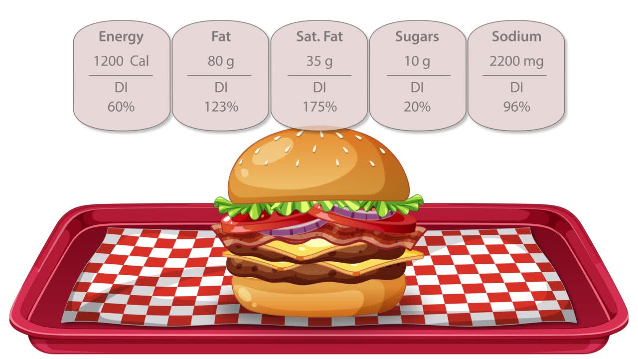 Animation illustrating calorie and nutrient content of a burger, fries, and drink on a tray