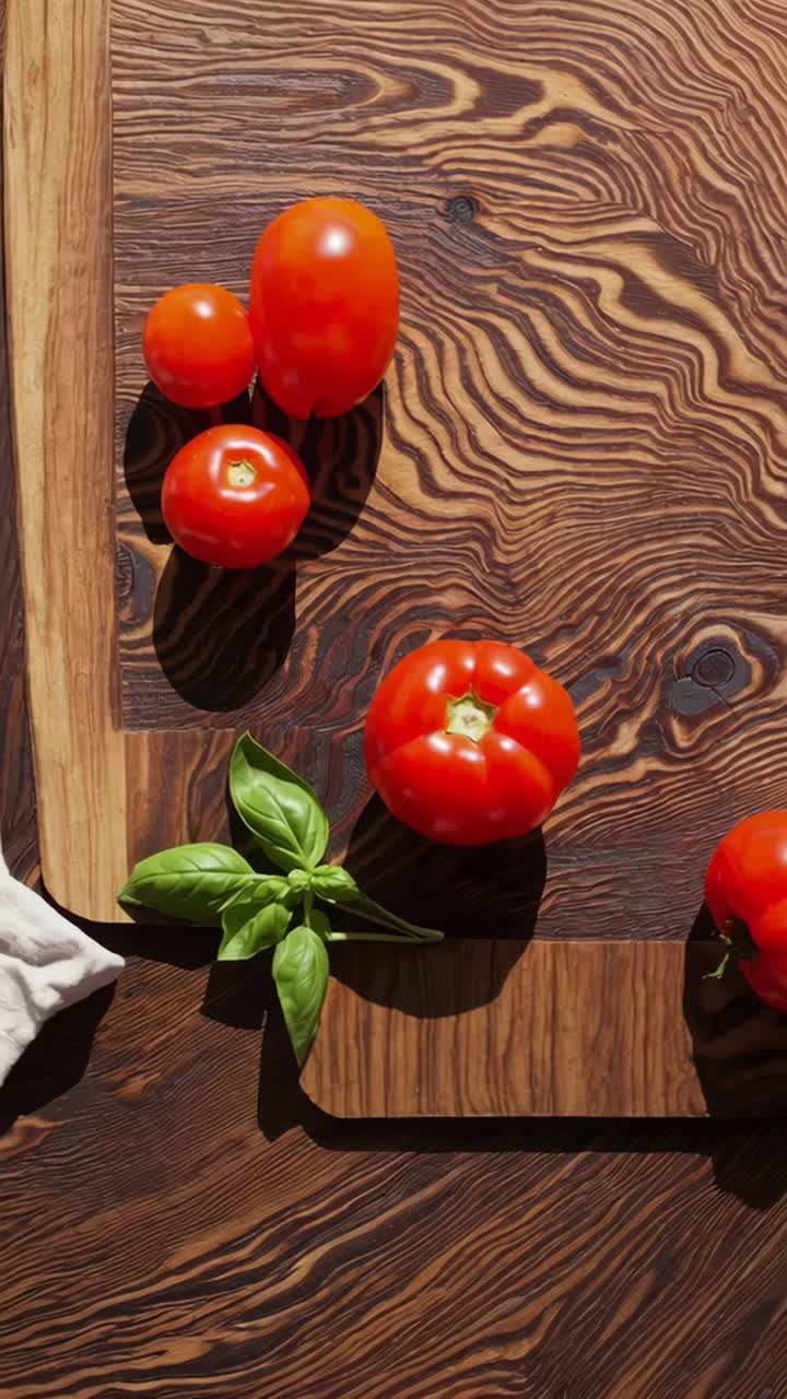 Tomatoes and Basil on a Wooden Cutting Board