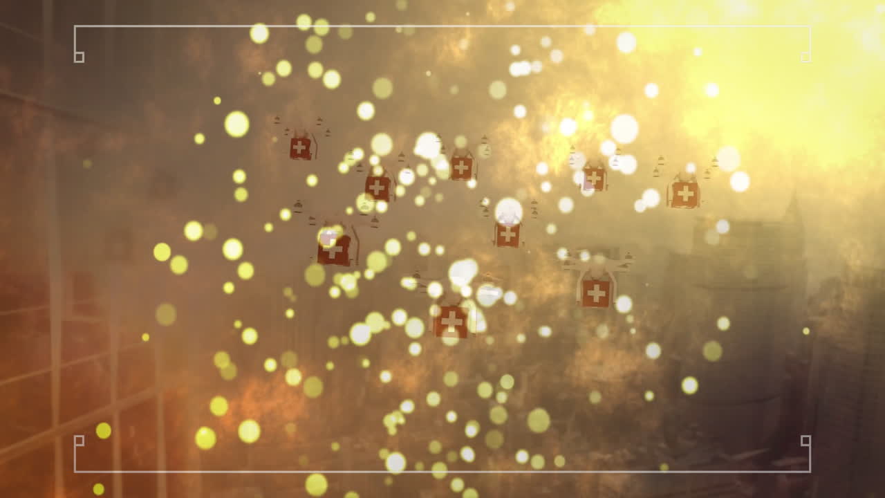 Animation of glowing particles with medical cross symbols in abstract background