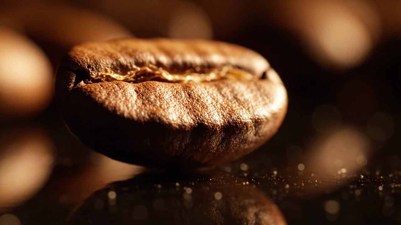 Nahaufnahme einer glänzenden Kaffeebohne, die ihre reiche Textur und reflektierende Oberfläche einfängt und die feinen Details der perfekten Röstung zur Geltung bringt
