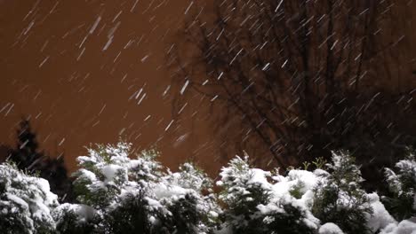 snow falls at night illuminated by street lamp