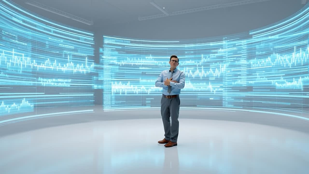 Business professional analyzing data trends in a futuristic space