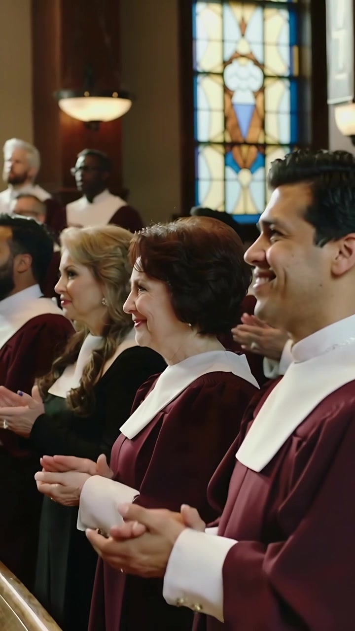 Vídeo vertical: Câmera recuando mostrando o coro da frente aplaudindo, com vestes de culto e vitrais.