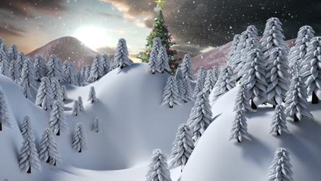 this is a digital animation of snow falling on a christmas tree in a snowy landscape