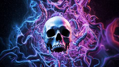 glowing skull in a nebula of colorful smoke