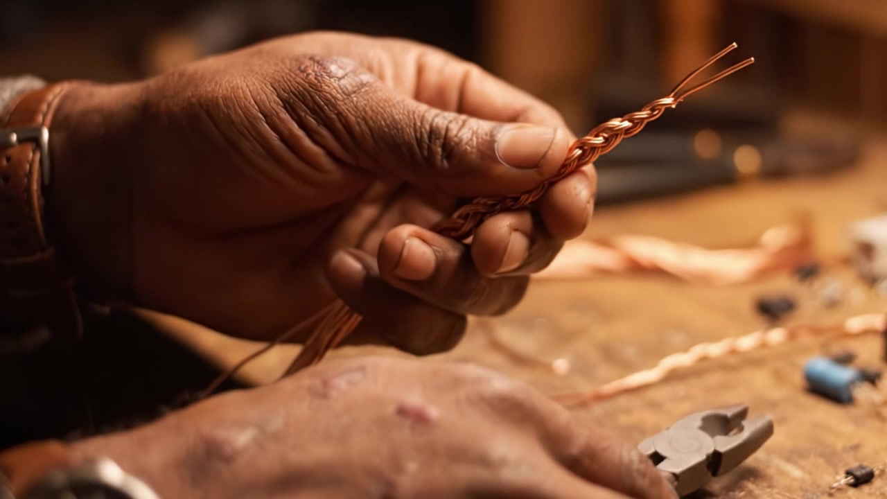 Expert Hands Skillfully Twisting Together Copper Wires into a Beautifully Braided Formation in a Craftsman's Workshop Environment