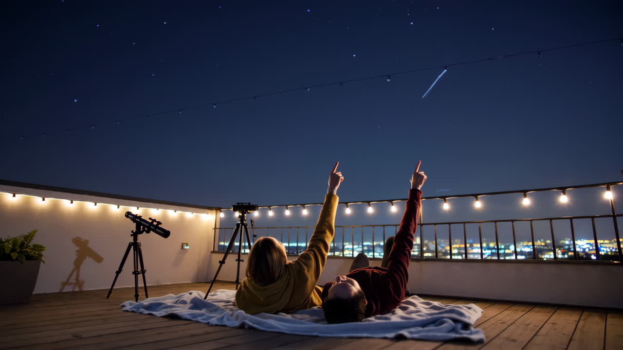 Couple Stargazing on a Rooftop at Night