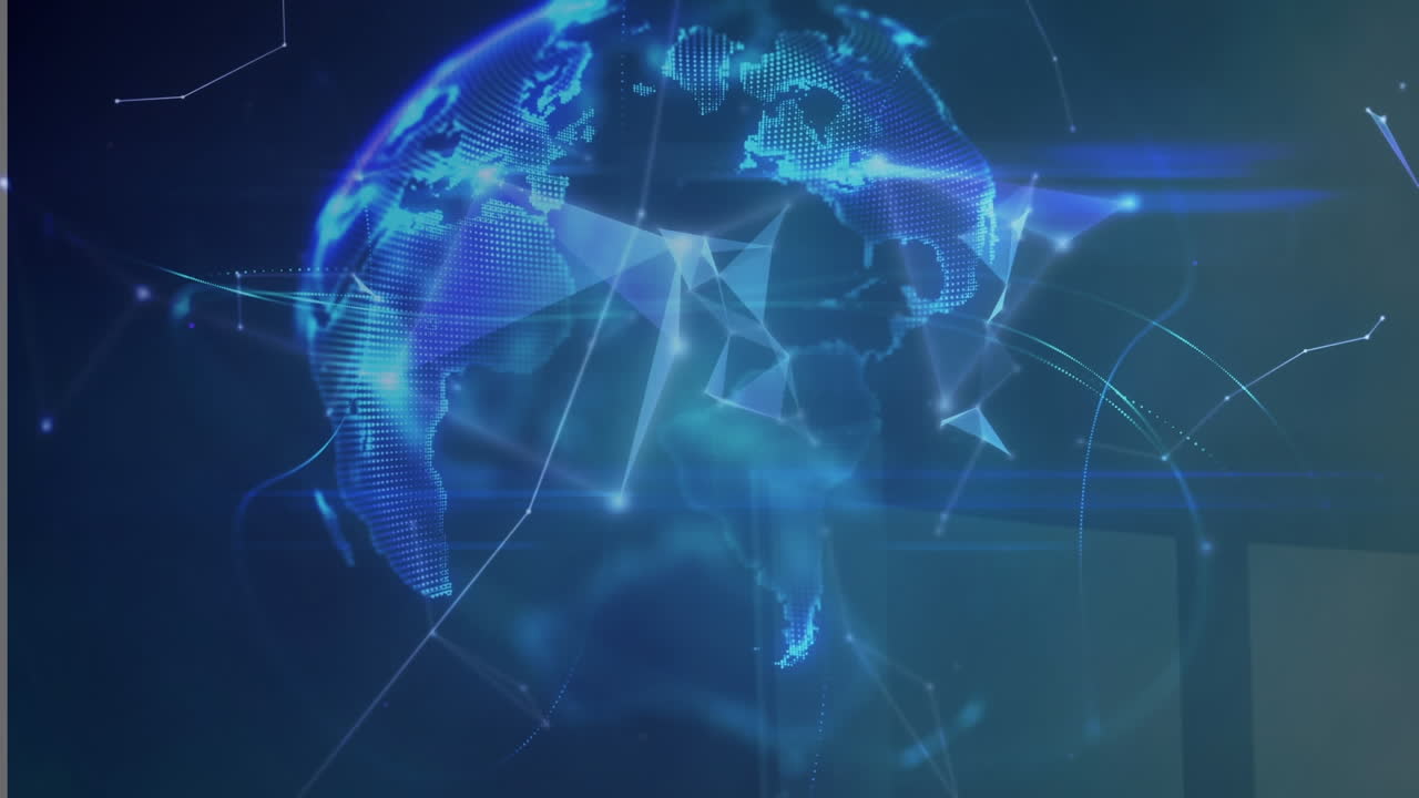 Animation of globe of plexus networks spinning and light trails against blue background