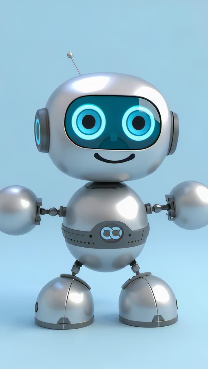 Video verticale: luce calda che sale e che illumina un piccolo robot cromato in posa di apertura in studio, schermo frontale