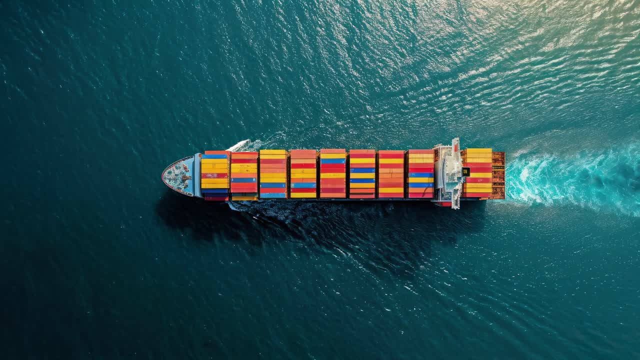 Video showcasing a cargo ship navigating through blue waters, highlighting global trade