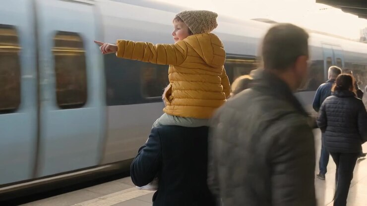 Walking man carrying boy in yellow puffer hat on platform holding legs, train passing, boy pointing