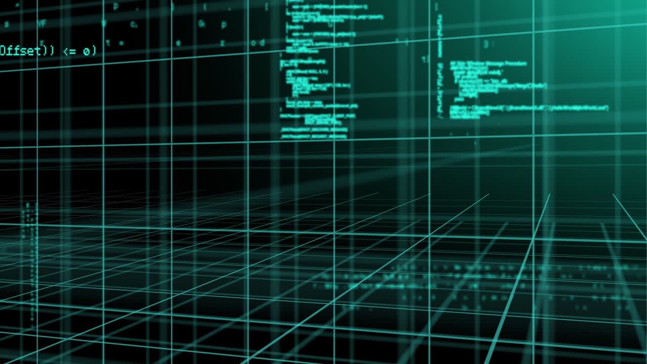 Animation of layers of processing data and coding moving over 3d grid on black background