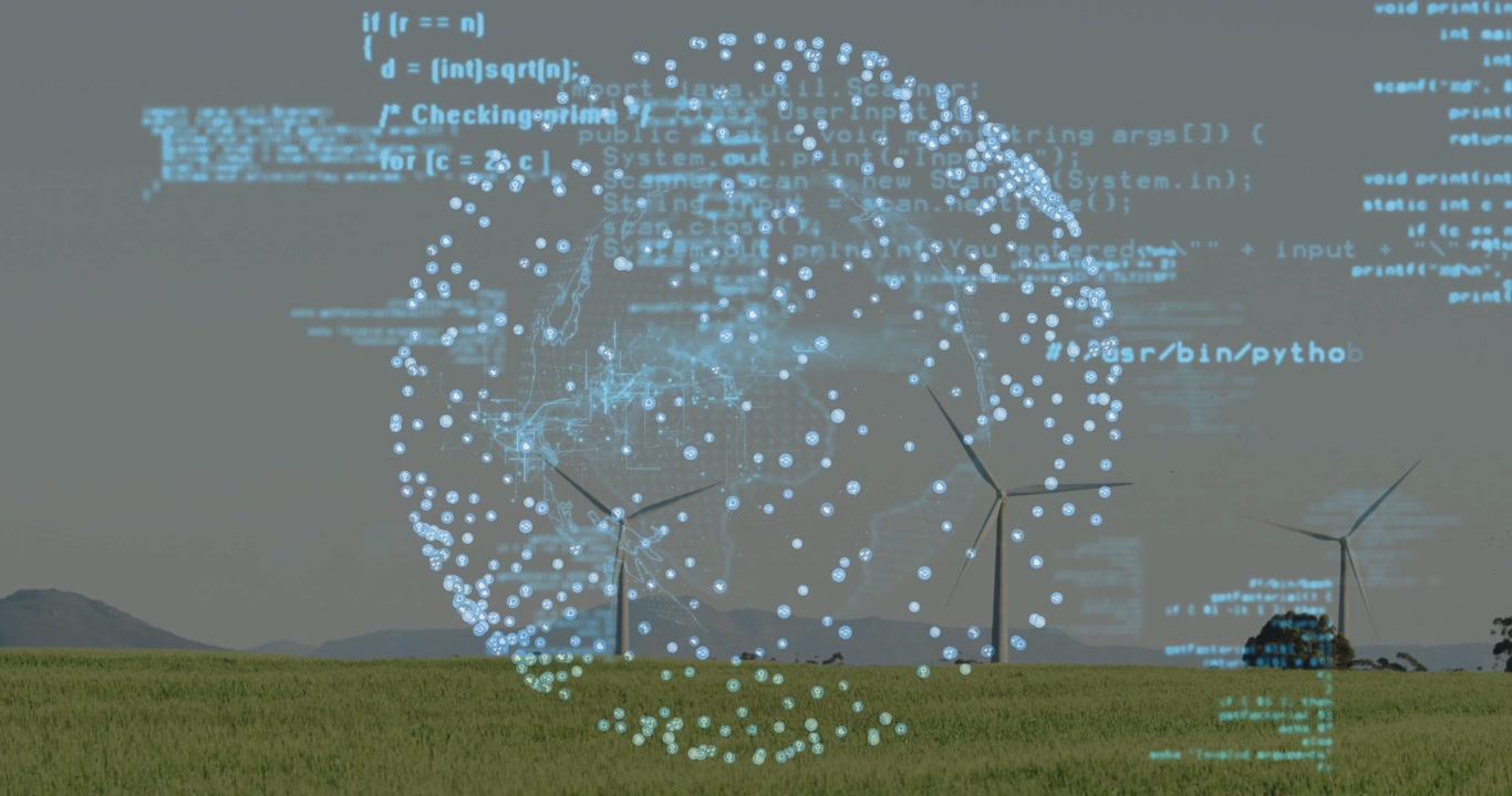 Holographic data sphere forming over wind farm, program code initiating density growth and rotating