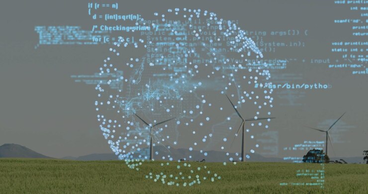 Holographic data sphere forming over wind farm, program code initiating density growth and rotating