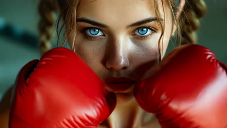 a woman wearing red boxing gloves in a boxing ring