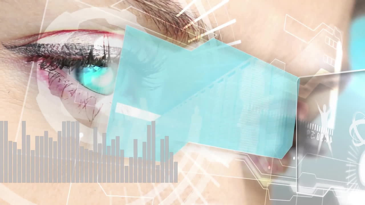 Eye with animation overlay displaying futuristic digital interface and data elements