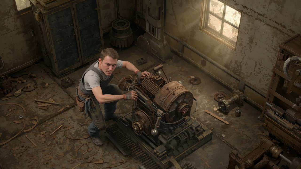 Mechanik utahuje rotor, vzhlédne a opravuje motor v dílně, má na sobě šedou košili