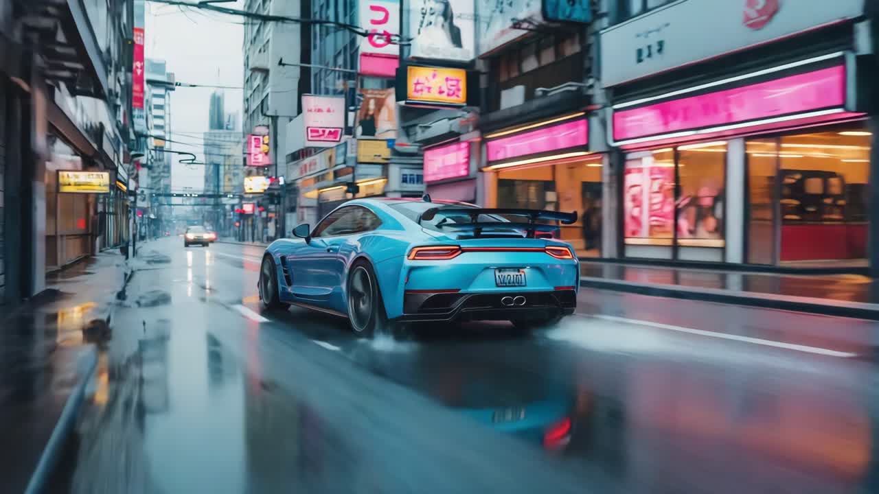 Blue Sports Car Driving on a Wet City Street with Neon Lights at Night