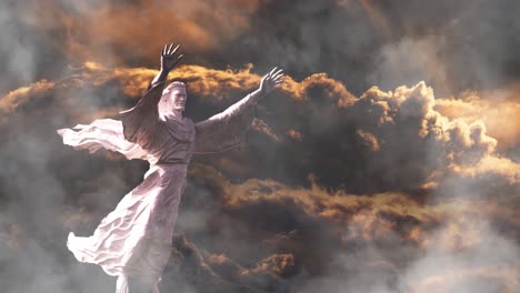 floating jesus statue against a backdrop of thunderstorms and lightning, sunrise clouds