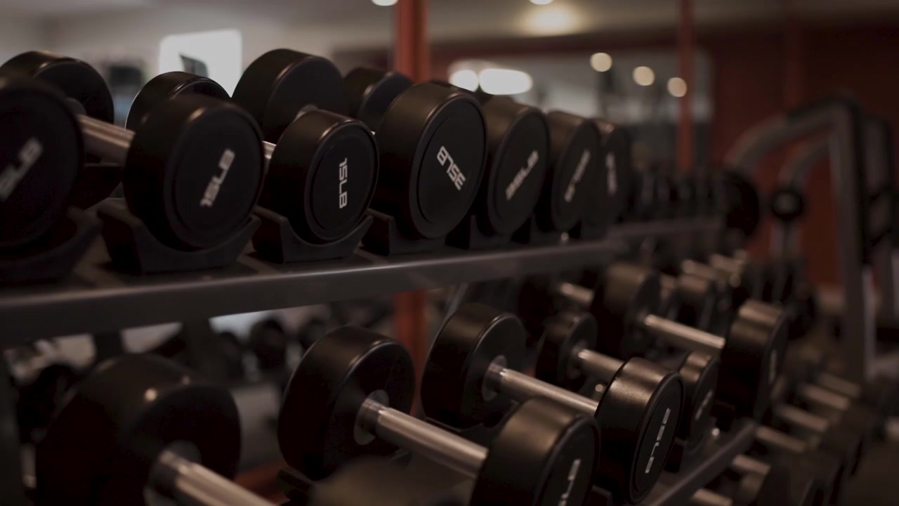 Rack of free weights being illuminated by house lights