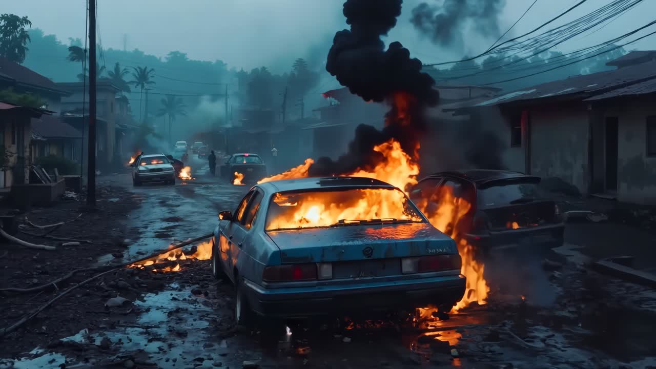 un coche está envuelto por llamas en el medio de una calle