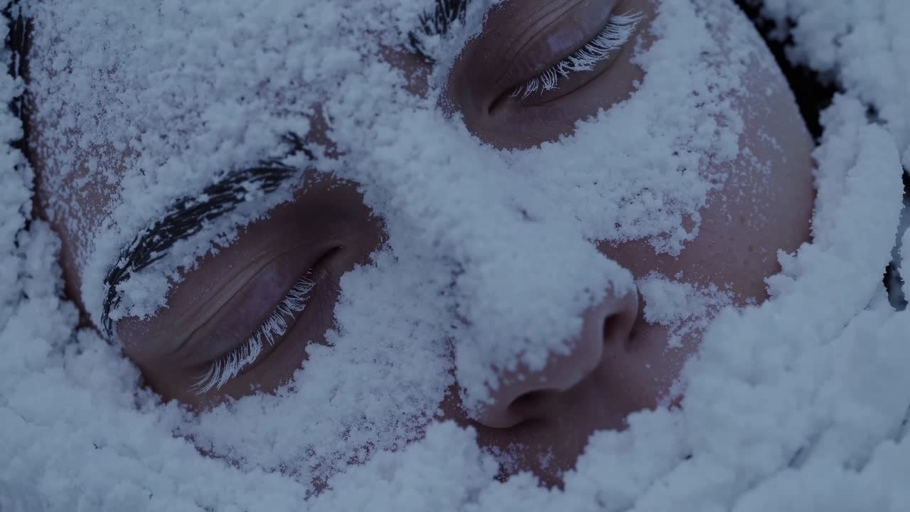Frozen landscape enveloping delicate female face, snowflakes blanketing frosted eyelashes and pale skin in serene winter stillness, evoking fragile beauty and quiet vulnerability