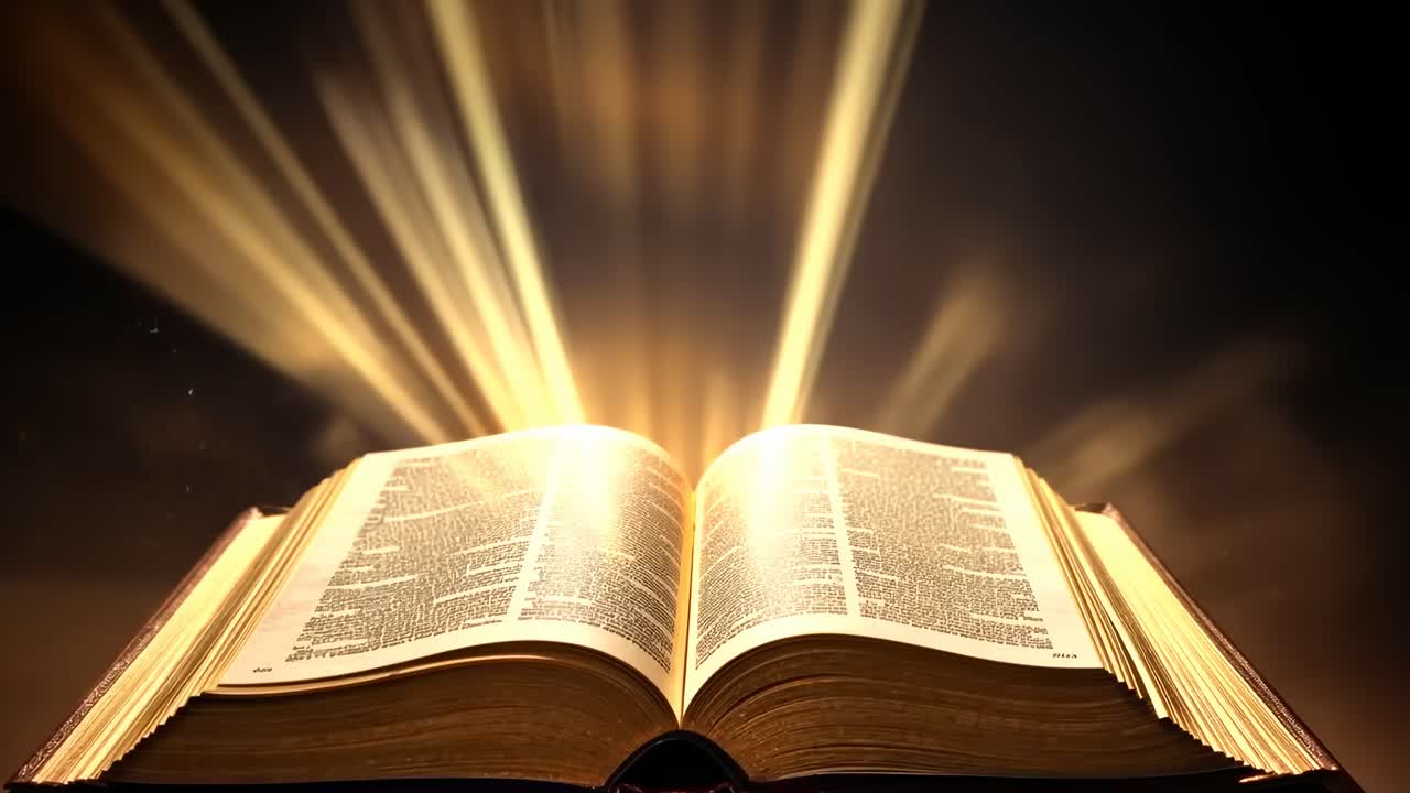 Ein offenes Buch strahlt Licht aus, aufgenommen aus einem niedrigen Winkel