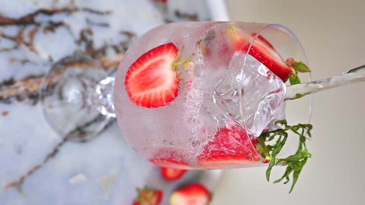 Acqua minerale versata in un bicchiere con ghiaccio e cocktail alla fragola, slow motion