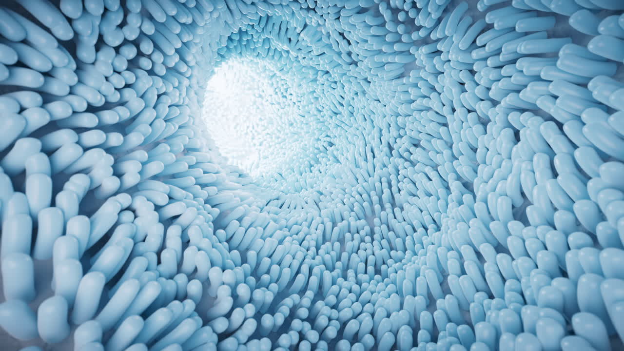 Tunnel circolare astratto blu con dettagli villosi, rendering 3D