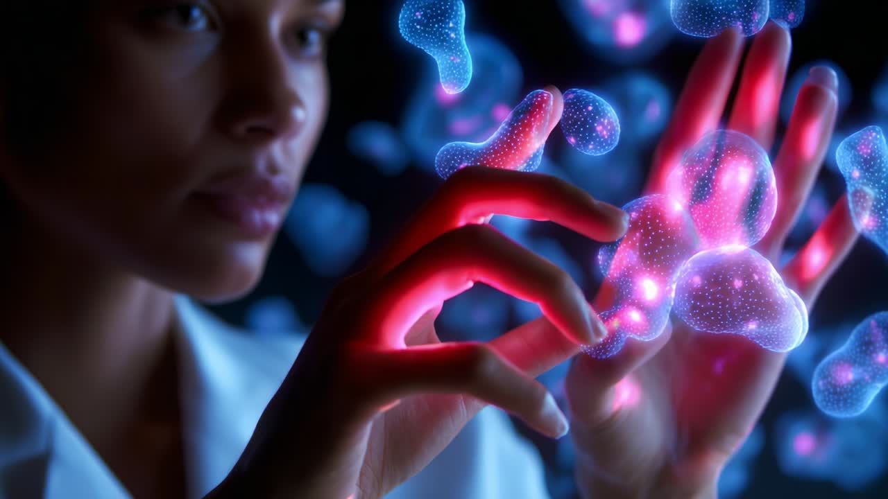 Apex of Scientific Exploration: A Close-Up Encounter with Glowing Microscopic Structures, Showcasing the Intersection of Technology and Biology through Radiant Digital Visualizations and Intricate Cellular Models