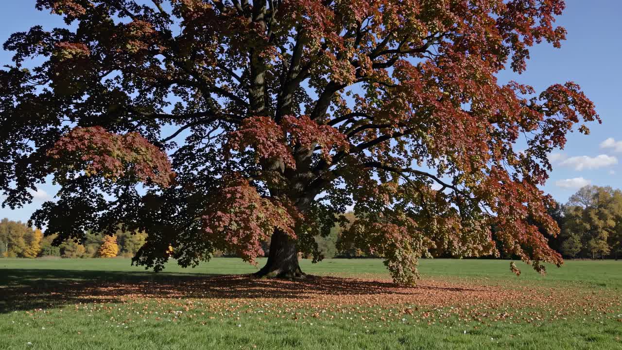 Wide-angle video captures a majestic tree with autumn leaves, set against a clear blue sky