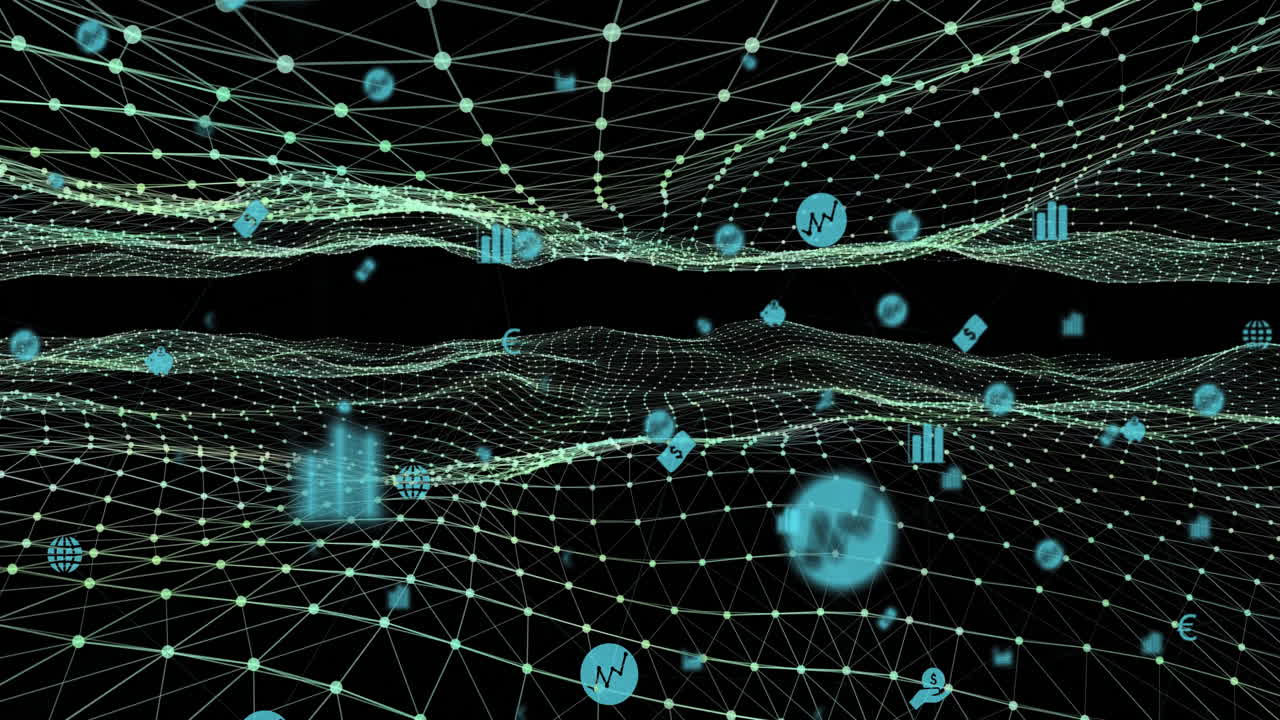 Network of connections and data processing animation over digital landscape