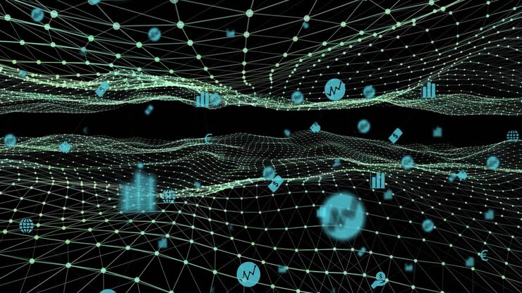 Network of connections and data processing animation over digital landscape